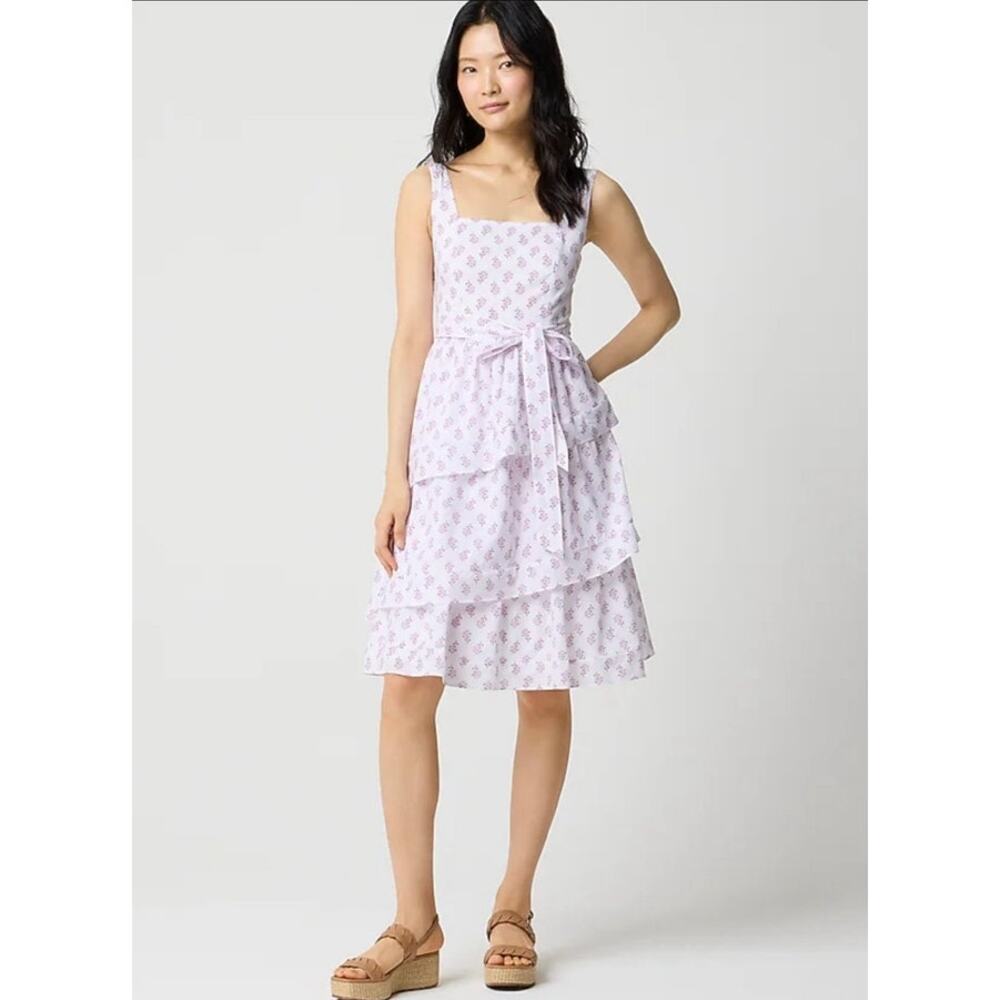 NWT J. Crew Sleeveless Belted Floral Flowy Tiered Midi Dress Purple White 6